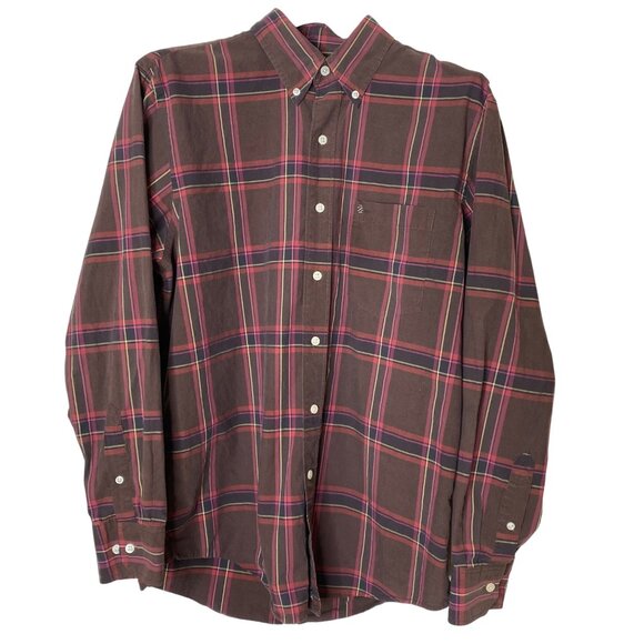 Izod Other - IZOD Men's M Plaid Button Down Shirt Brown Pink Yellow Navy Long Sleeve Cotton